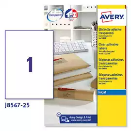 Etichette adesive J8567 in poliestere inkjet permanenti 210x297mm 1 et fg 25 fogli trasparente Avery