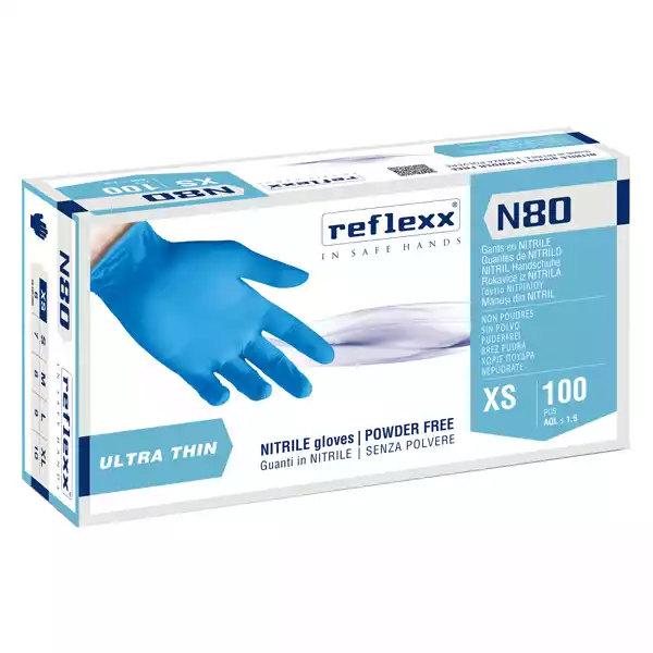 Guanti in nitrile N80 ultrasottili taglia XS azzurro Reflexx conf. 100 pezzi