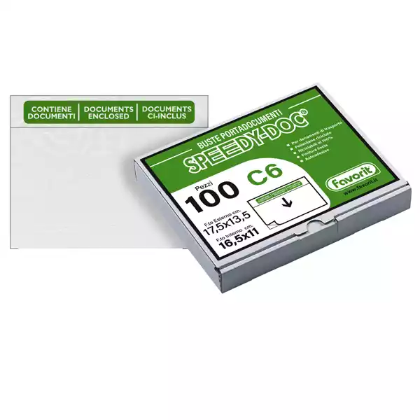 Busta adesiva Speedy Doc con stampa ''contiene documenti'' C6 (16,5x11cm) PPL PE trasparente Favorit conf. 100 pezzi