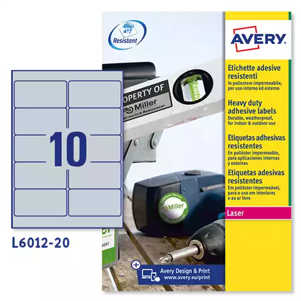 Etichette adesive L6012 in poliestere laser permanenti 96x50,8mm 10 et fg 20 fogli argento Avery