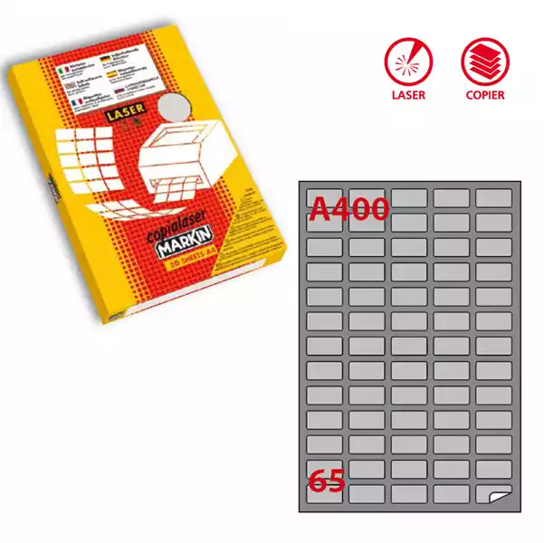 Etichette adesive A 400 in carta angoli arrotondati laser permanenti 38,1x21,2mm 65 et fg 100 fogli argento Markin