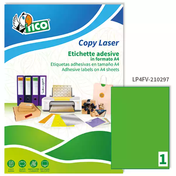 Etichette adesive LP4F in carta permanenti 210x297mm 1 et fg 70 fogli verde fluo Tico