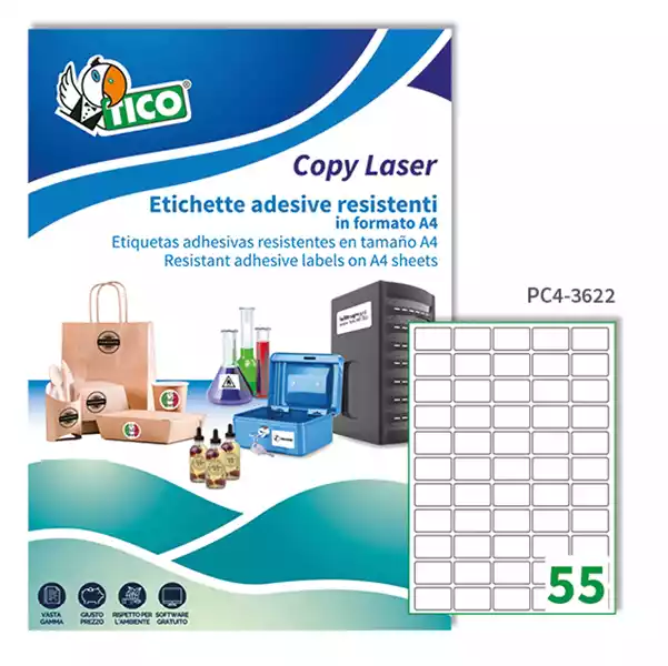Etichette adesive PC4 in poliestere laser permanenti 36x22mm 55 et fg 100 fogli trasparente Tico