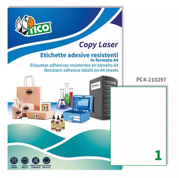 Etichette adesive PC4 in poliestere laser permanenti 210x297mm 1 et fg 100 fogli trasparente Tico