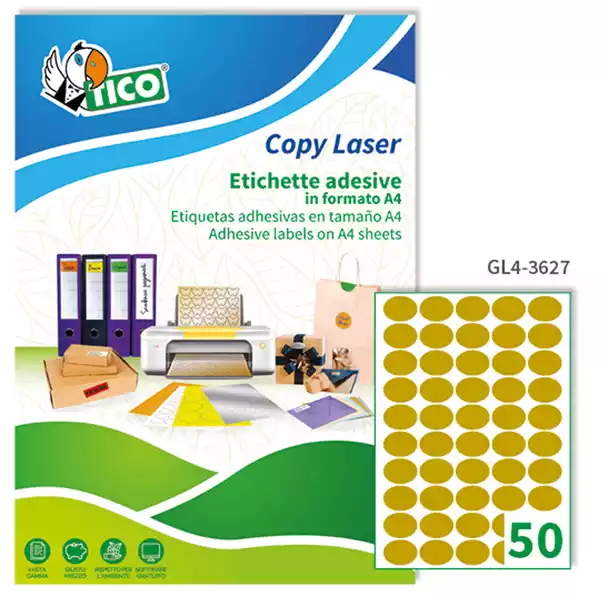 Etichette adesive ovali GL4 in carta permanenti 36x27mm 50 et fg 100 fogli oro satinato Tico