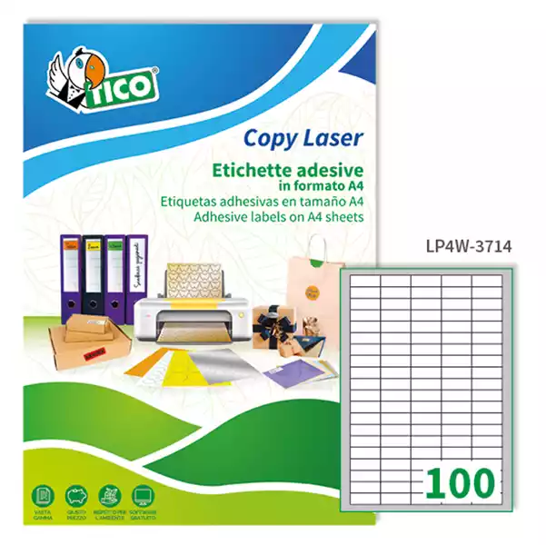 Etichette adesive LP4W in carta angoli arrotondati laser permanenti 37x14mm 100 et fg 100 fogli bianco Tico