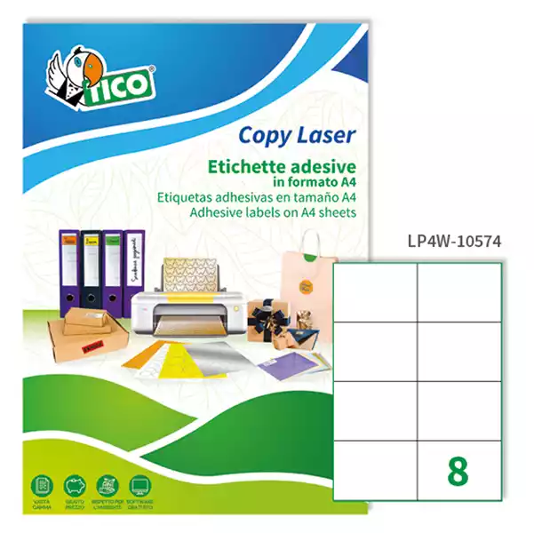 Etichette adesive LP4W in carta laser permanenti 105x74mm 8 et fg 100 fogli bianco Tico