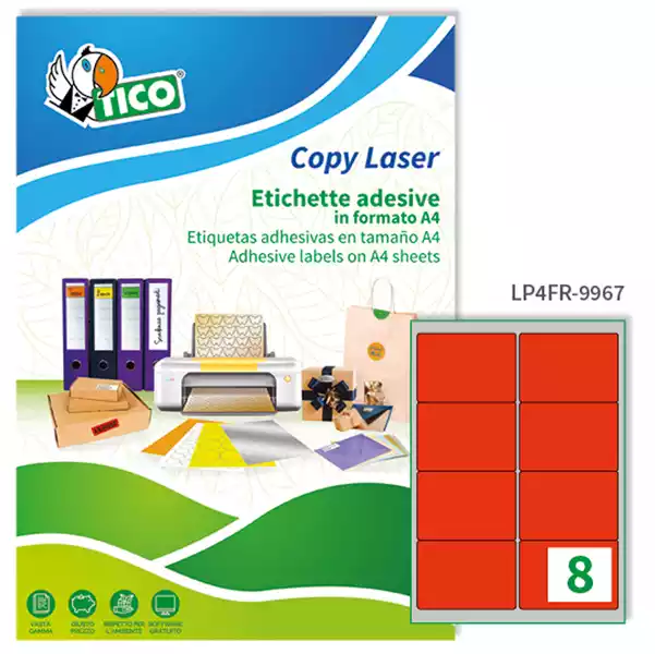 Etichette adesive LP4F in carta angoli arrotondati permanenti 99,1x67,7mm 8 et fg 70 fogli rosso fluo Tico