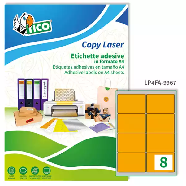 Etichette adesive LP4F in carta angoli arrotondati permanenti 99,1x67,7mm 8 et fg 70 fogli arancio fluo Tico