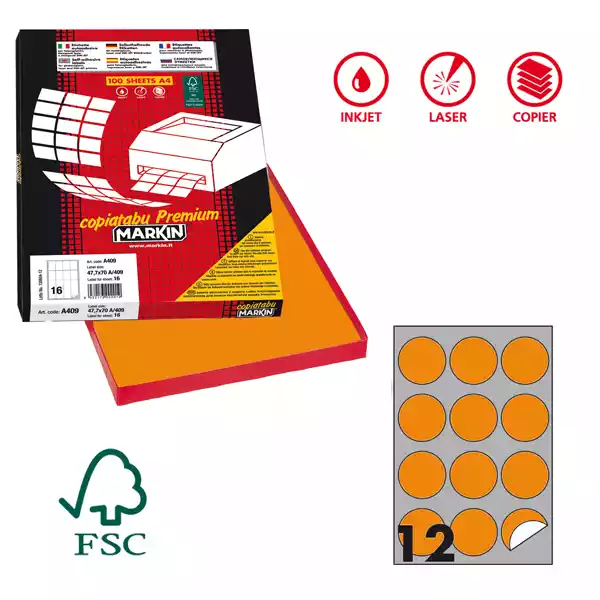 Etichette adesive tonde R 310 in carta permanenti diametro 60mm 12 et fg 100 fogli arancio fluo Markin