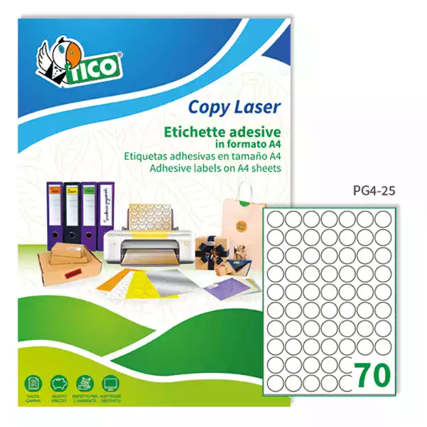 Etichette adesive tonde PG4 in carta permanenti diametro 25mm 70 et fg 100 fogli bianco lucida Tico
