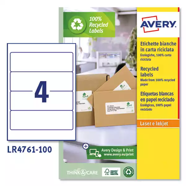 Etichette per raccoglitori in carta riciclata laser permanenti 61x192mm 4 et fg 100 fogli bianco Avery