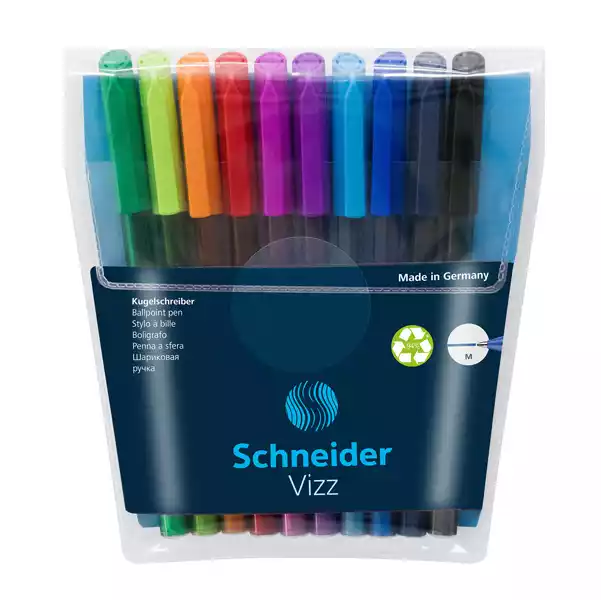 Penne a sfera Vizz con cappuccio punta media colori assortiti Schneider astuccio 10 pezzi