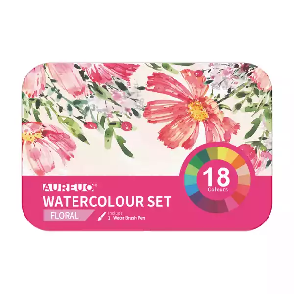 Acquerelli demi godet con pennello brush in scatola di metallo colori floreali assortiti DOM astuccio 18 colori