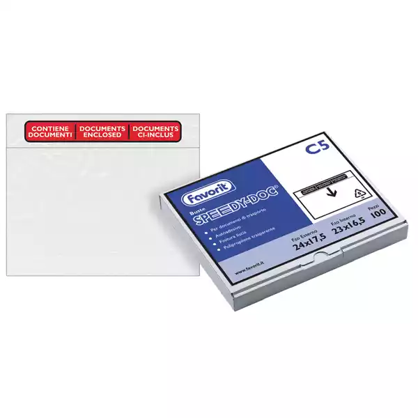 Busta adesiva Speedy Doc con stampa ''contiene documenti'' C5 (23x165cm) PPL PE trasparente Favorit conf. 100 pezzi