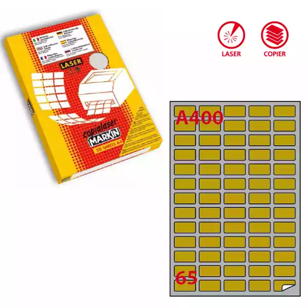 Etichette adesive A 400 in carta angoli arrotondati laser permanenti 38,1x21,2mm 65 et fg 100 fogli oro Markin