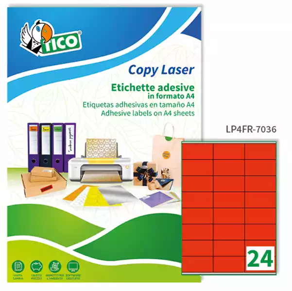 Etichette adesive LP4F in carta con margini permanenti 70x36mm 24 et fg 70 fogli rosso fluo Tico