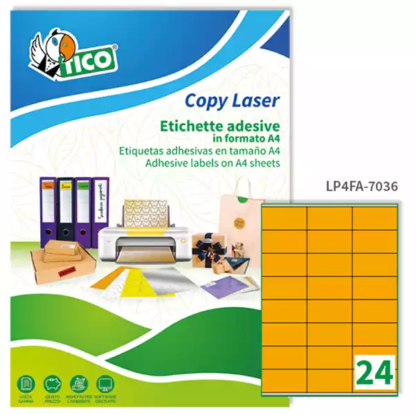 Etichette adesive LP4F in carta con margini permanenti 70x36mm 24 et fg 70 fogli arancio fluo Tico