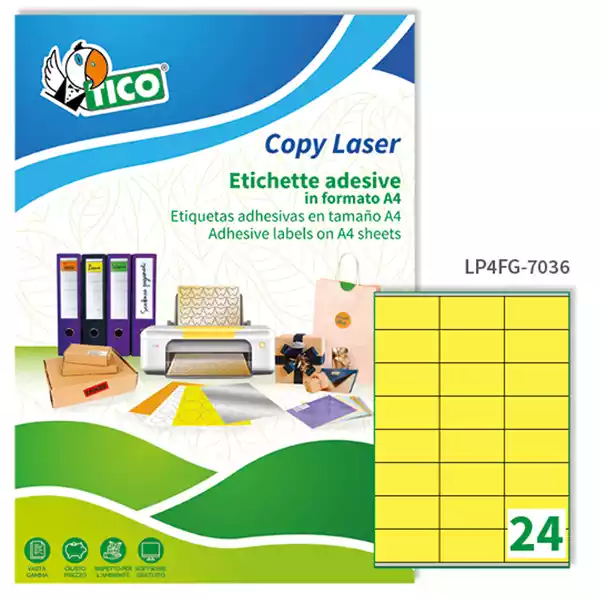 Etichette adesive LP4F in carta con margini permanenti 70x36mm 24 et fg 70 fogli giallo fluo Tico