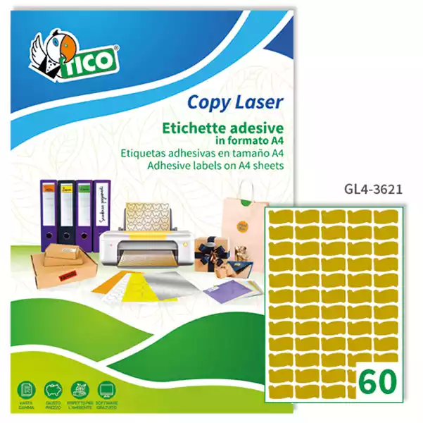 Etichette adesive sagomate GL4 in carta permanenti 36x21mm 60 et fg 100 fogli oro satinato Tico