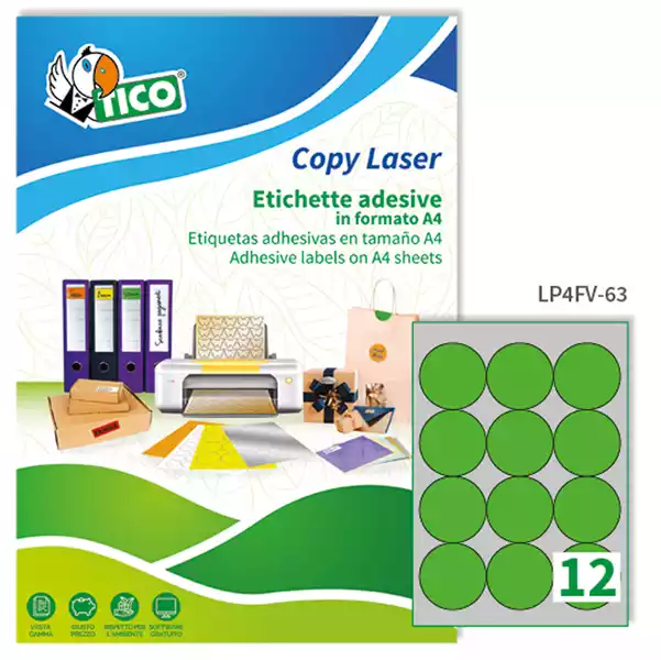 Etichette adesive tonde LP4F in carta con margini permanenti diametro 63,5mm 12 et fg 70 fogli verde fluo Tico