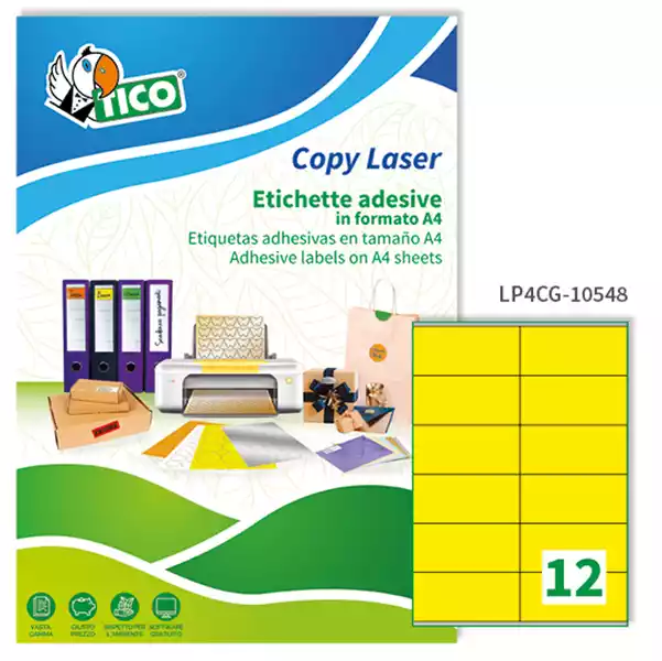Etichette adesive LP4C in carta laser permanenti 105x48mm 12 et fg 70 fogli giallo opaco Tico