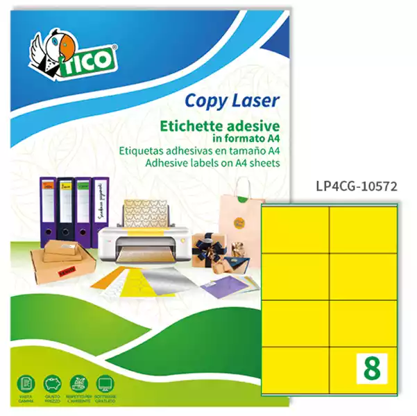 Etichette adesive LP4C in carta laser permanenti 105x72mm 8 et fg 70 fogli giallo opaco Tico