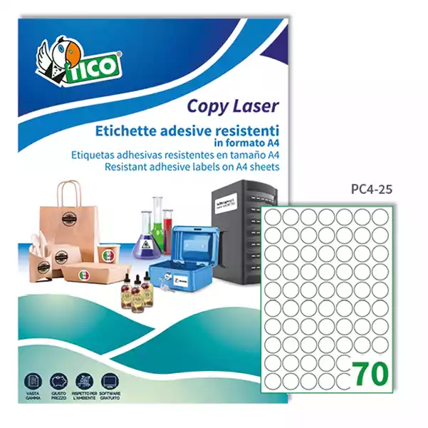 Etichette adesive tonde PC4 in poliestere laser permanenti diametro 25mm 70 et fg 100 fogli trasparente Tico