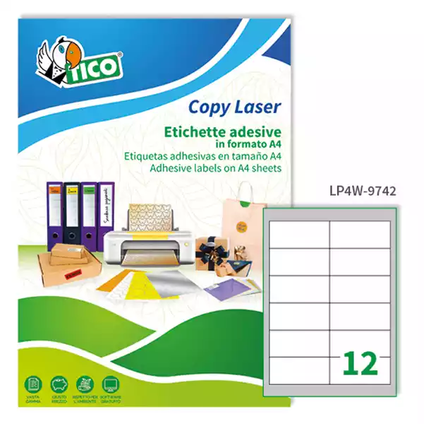 Etichette adesive LP4W in carta angoli arrotondati laser permanenti 97x42,3mm 12 et fg 100 fogli bianco Tico