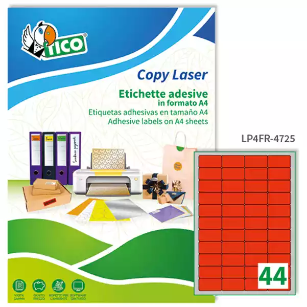 Etichette adesive LP4F in carta angoli arrotondati permanenti 47,5x25,5mm 44 et fg 70 fogli rosso fluo Tico