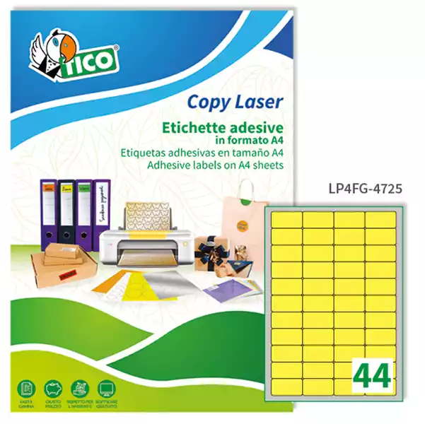 Etichette adesive LP4F in carta angoli arrotondati laser permanenti 47,5x25,5mm 44 et fg 70 fogli giallo fluo Tico