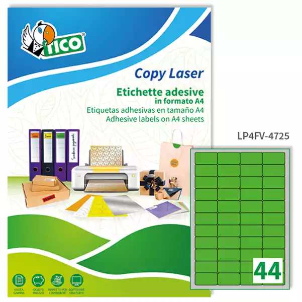 Etichette adesive LP4F in carta angoli arrotondati permanenti 47,5x25,5mm 44 et fg 70 fogli verde fluo Tico