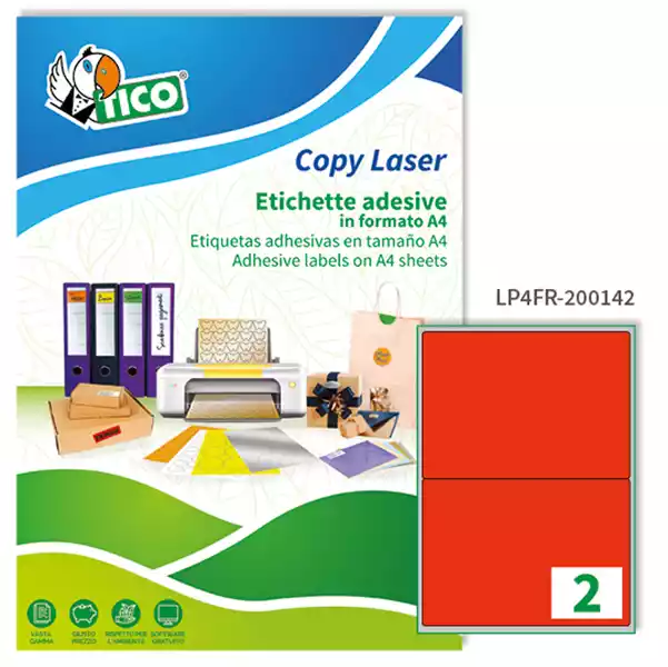 Etichette adesive LP4F in carta permanenti 200x142mm 2 et fg 70 fogli rosso fluo Tico