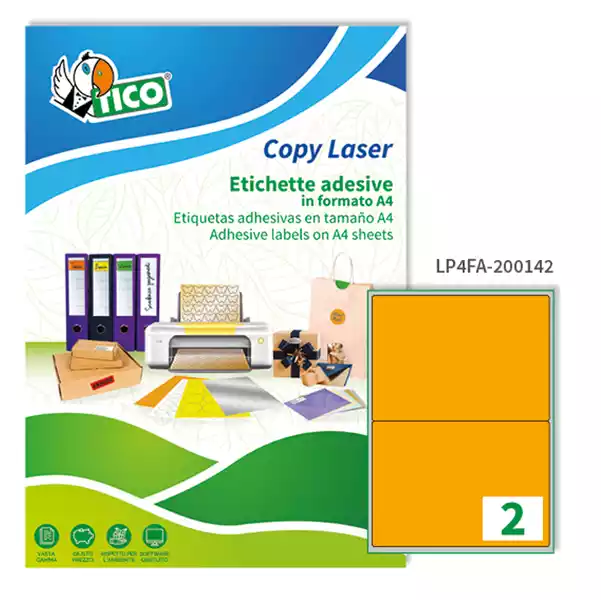 Etichette adesive LP4F in carta angoli arrotondati laser permanenti 200x142mm 2 et fg 70 fogli arancio fluo Tico