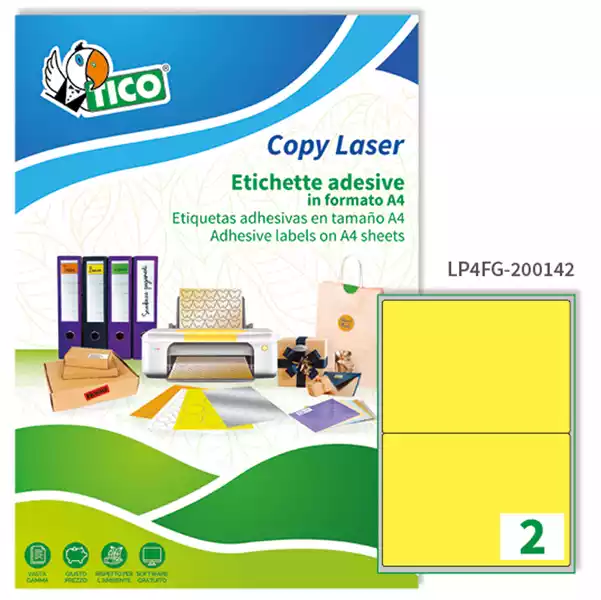 Etichette adesive LP4F in carta angoli arrotondati laser permanenti 200x142mm 2 et fg 70 fogli giallo fluo Tico