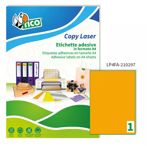 Etichette adesive LP4F in carta permanenti 210x297mm 1 et fg 70 fogli arancio fluo Tico