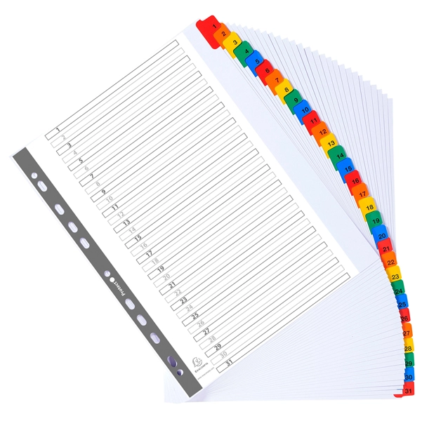 Intercalari numerici (1 31) in cartoncino bianco da 160 gr. dotati di 31 tacche multicolore plastificate. indice