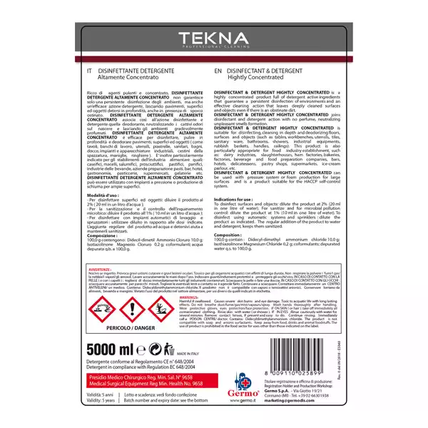 Disinfettante detergente per superfici super concentrato 5 lt Tekna